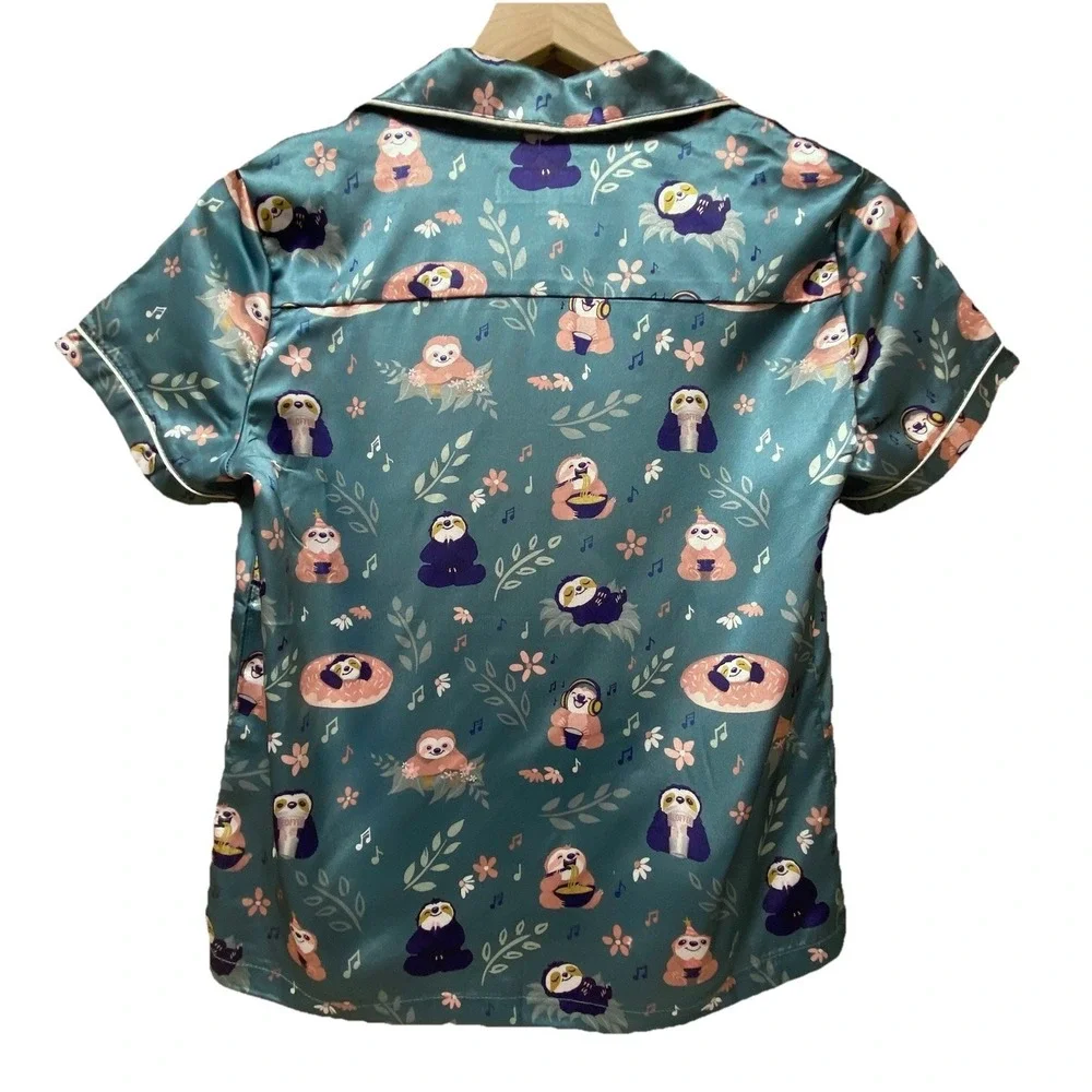 NWT Sloth Satin Pajama Top Girls XL Teal Kawaii Sleep Shirt